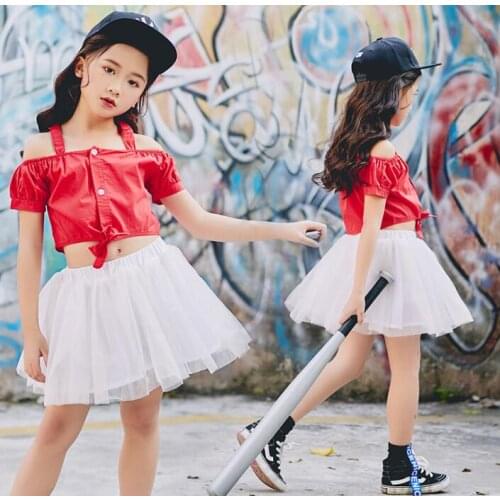 2018 Summer Girs Jazz Dance Clothing Sets Trendy Mesh Skirt & Hollow Out Dew shoulder T-shirts Kids Harem Suit 3 4 5 6 7 8 10 Y