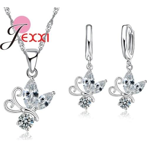 Fashion Cubic Zircon Necklace Earring Jewelry Sets For Women With 925 Sterling Silver ColorButterfly Shape Wedding Bridal Set
