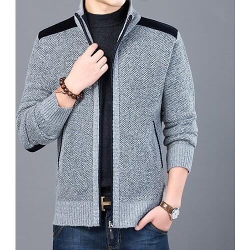 Male Sweater Mandarin Collar Outerwear Winter Men Streetwear Jacket Causal Cardigan Coat Knitted Cardigan Thick Zipper Patchwork