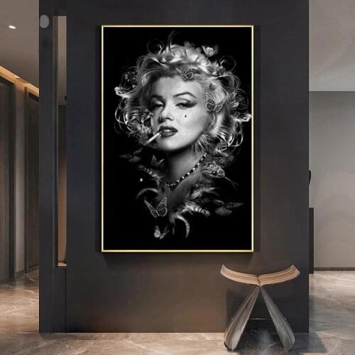 Portrait Painting Black White Marilyn Monroe Smoking Poster Canvas Painting Prints Wall Art Picture for Living Room Home Decor