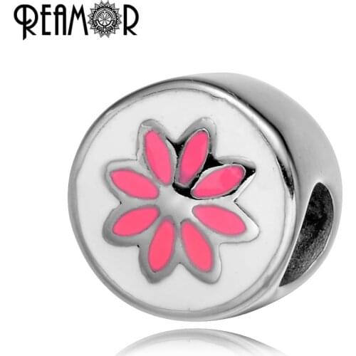 REAMOR Enamel Pink Lotus Flower 316L Stainless steel European Charm Beads Spacer Beads for Bracelet & Necklace Jewelry DIY