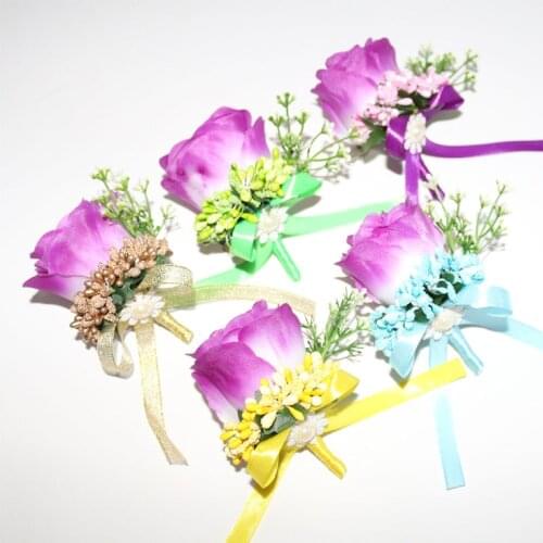 REDJCK Purple Guest Boutonniere Pins DIY Handmade Silk Rose Artificial Flower Bouquet Brooch Corsage For Clothes Decoration
