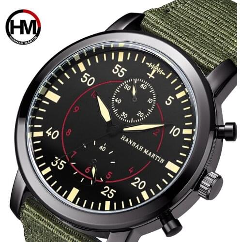 HANNAH MARTIN Sports Watches Fashion Army Green Mens Watches Quartz Wristwatches Nylon Strap Wateproof Relogio Masculino Clock