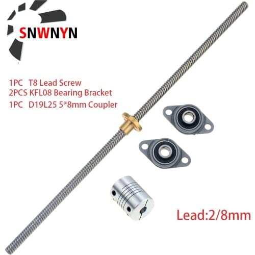 T8 Lead 2mm/8mm 100-1200mm Lead Screw With Nut + KFL08 Nut Housing Lead Screw Set With D19L25 5*8mm Coupling For 3D Printer Part