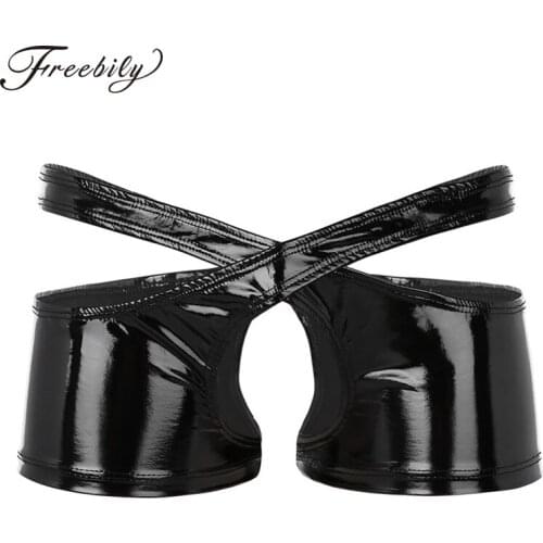 Sexy Gay Mens Lingerie Wetlook Faux Leather Low Rise Open Crotch Two Symmetrical Halves Boxer Shorts Sissy Panties Underwear