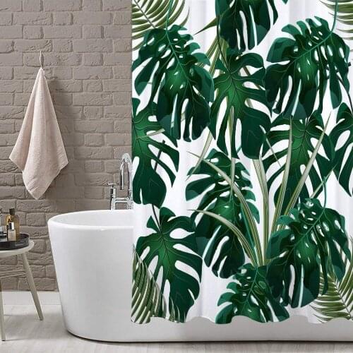 Green Leaves White Shower Curtain Tropical Jungle Bathroom Nature Waterproof Mildew Resistant Polyester Fabric For Bathtub Decor