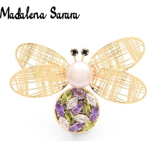 MADALENA SARARA AAAAA Cubic Zircon Pearl Brooch Fine Eletroplated Bee Style Women Suit Brooch Pin