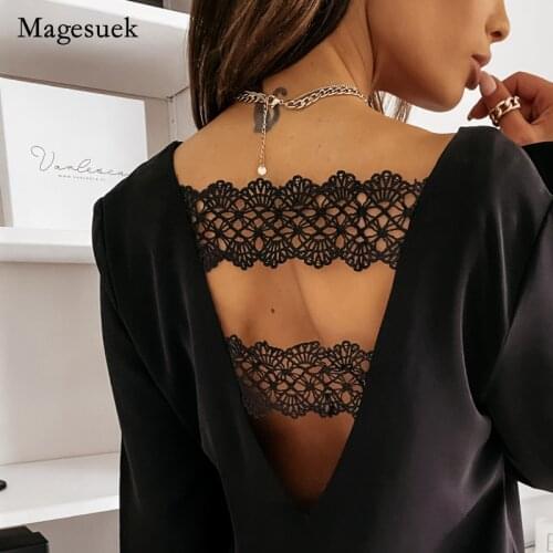 Women Tops Shirt Hollow Out Lace Blouse Fashion Sexy Backless Blouses 2021 Spring Long Sleeve Black Shirts V-neck Blusas 12460