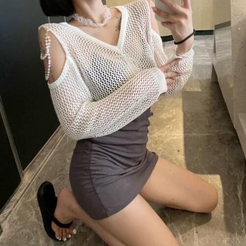 Womens Sexy V-Neck Off Shoulder Pearl Chain Knitwear Spring Hollow Out Pullover Tops Vintage Long Sleeve Loose Knitted Sweater