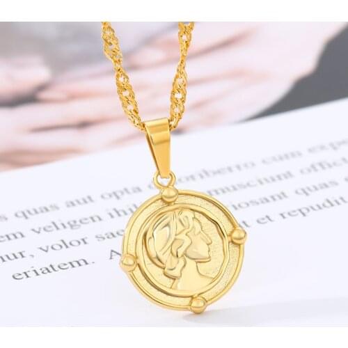 Retro Portrait Coin Pendant Thick Chain Necklace Gold Stainless Steel Necklace Women Jewelry Collier Femme