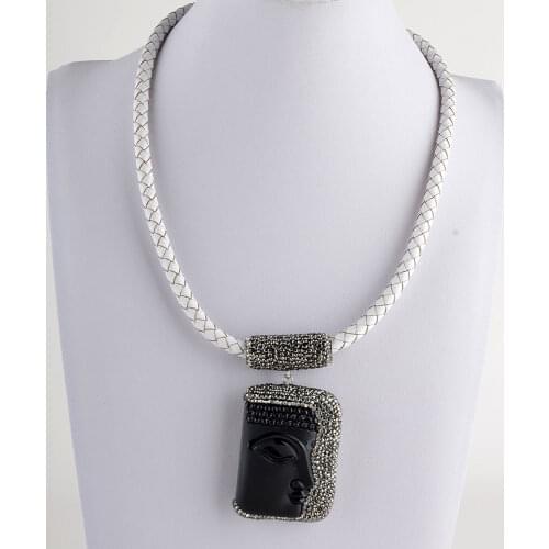 Womens18" White Leather Necklace Keshi Pearl Black Buddha Pendant