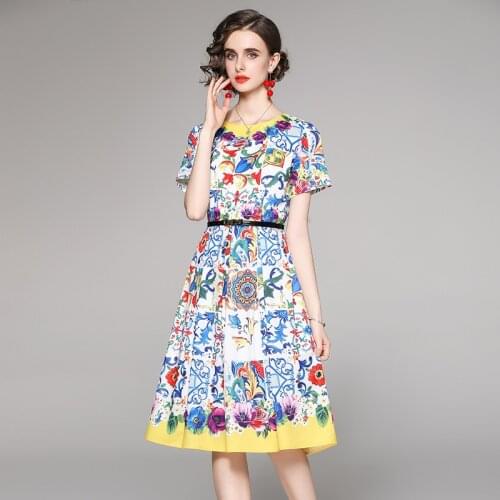 WTIANYUW 2021 New Temperament All Match Belt Knee Length Dress Women Printed Short Sleeved Round Neck Gothic Clothes Vestidos