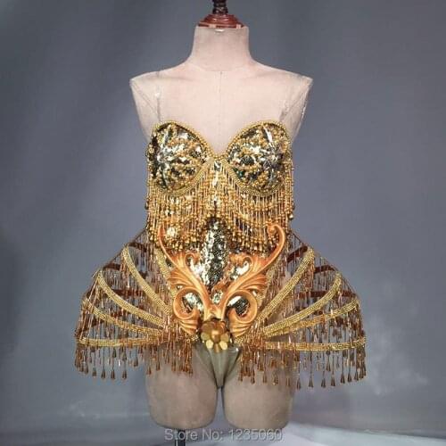 Gold Sexy Crystal beads Bodysuit Dress Stage Performance Bling Dresses Dance Wear Nightclub Shining Costume Outfit