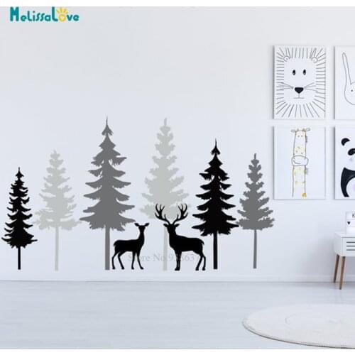 6 trees Woodland Adventure Forest Pine Tree Scandinavian Animal Deers Nursery Wall Decor Baby Room Vinyl Sticker Wallpaper BA757