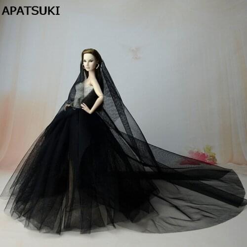 High Quality Black Party Dress For Barbie Doll Long Tail Evening Gown Clothes Wedding Dresses +Veil 1:6 Doll Accessories
