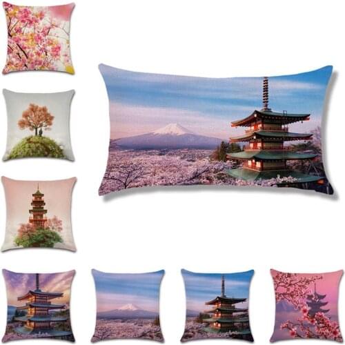 Cherry Flower view temple mountain Lumbar Cushion Cover decorative Home Throw sofa chair car seat friend bedroom gift pillowcase