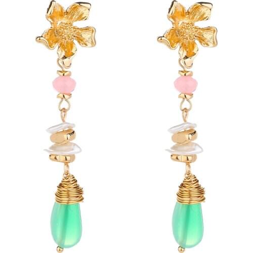 Flower Petals Long Earrings Women Green Stone Drop Dangle Earring For Wife Lover Anniversary Womens Ethnic Jewelry