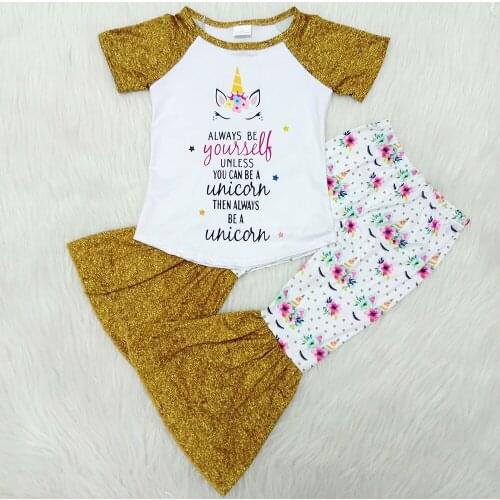 Toddler girl champagne raglan t-shirt and bell pants set girl summer unicorn pattern and letters outfit girl fashion clothing