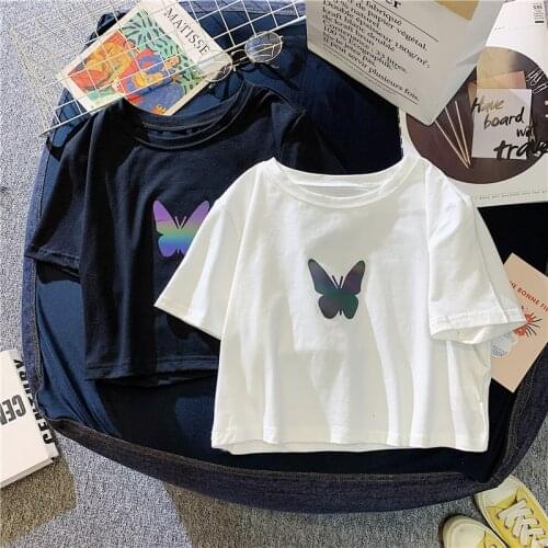 Sexy Womens t-shirts Top y2k undefined cotton harajuku Reflective butterfly Short dropshipping print streetwear Kawaii clothes
