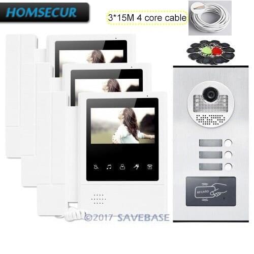 HOMSECUR 4.3" Wired Video Door Entry Call Intercom with LCD Color Screen for 3 Families + 3*15m 4-core Cable