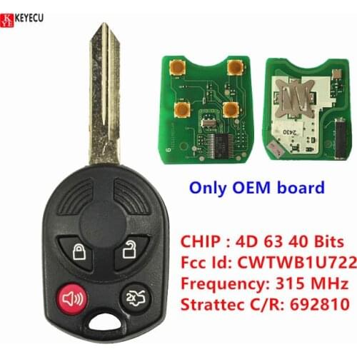 KEYECU 4Button Remote Key with OEM Electronic 315MHz 4D63 40BIT for Ford Escape Fusion Focus Edge Mustang CWTWB1U722