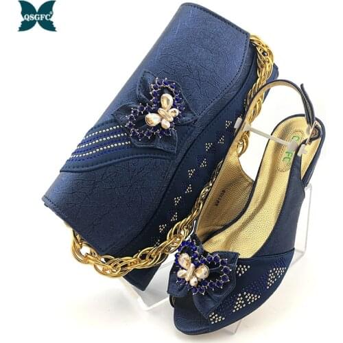 Latest blue Shoes and Bags Set Italian design Women Shoes and Matching Bags with Ctystal Mature Style African Lady Shoes and Bag
