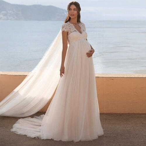 Lace V-neck Cap Sleeve Pregnant Wedding Dresses Bohemian Sexy Empire Waist Open Back A Line Floor Length Tulle Bridal Gowns