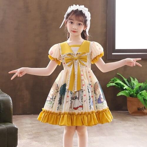Summer 3-12 years old princess dress fashion girl golden yellow dress skirt printed childrens dress Lolita Lolita short-sleeved