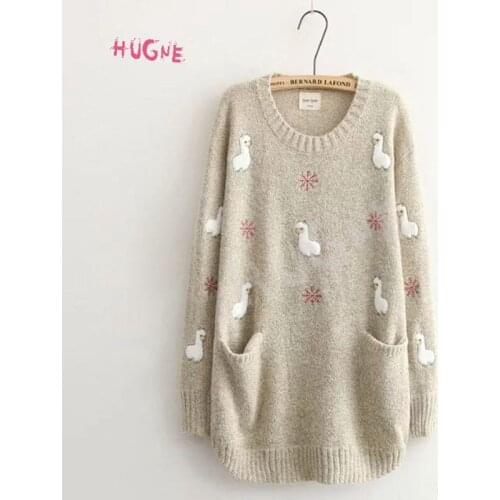 Cute Alpaca Womens Pullover Sweaters Cartoon Embroidered Loose Mori Girl Knitwear