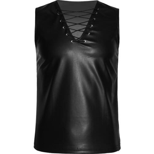 Men Male Faux Leather Lace-up T-shirt Sleeveless Sexy Vest Crop Top Exotic Tanks Rave Clothes for Party Stage Performance