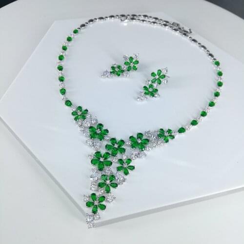 NEW fashion green black flower CZ zircon necklace earrings jewlery set party dinner ball wedding dressing jewelry free shipping
