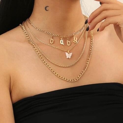 Vintage Multilayer Thick Chains Baby Letters Butterfly Charm Necklace Women Temperament Geometric Chains Necklace Party Jewelry