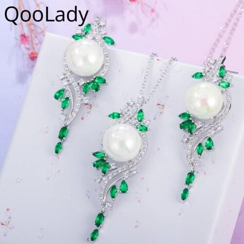 QooLady Gorgeous Cubic Zircon Long Big Pearl Green Leaf Necklace Earring Rhinestone Jewelry Set for Women Cocktail Party Z039