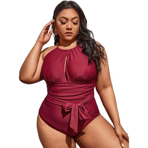 Sexy Halter One Piece Swimsuit Plus Size Swimwear Women High Waisted Bathing Suits Patchwork Beachwear Backless Swim Wear