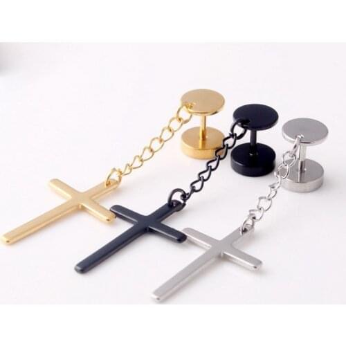 1PC Stainless Steel Earings Fashion Jewelry 2019 Barbell Cross Pendant Ear Stud Earrings Gold Color Hypoallergenic Earrings