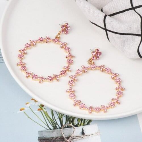 2019 Fashion Full Rhinestones Drop Earrings For Women Girls Statement Pink Flower Crystal Earrings Round Big Circle Earrings
