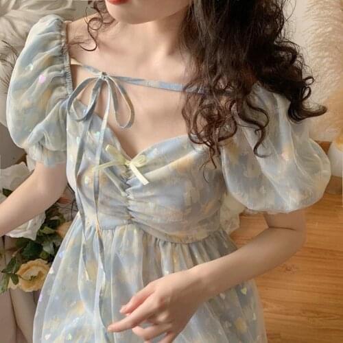 Puff Sleeve Chiffon Summer Dress Women Square Collar Designer Floral Beach Dress Female 2021 Vintage High Waist Fairy Mesh Dress