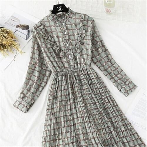 2020 New Chiffon dress Spring Autumn Vintage Floral Print Long sleeve Dress Elastic waist Women Elegant Pleated Dresses 198