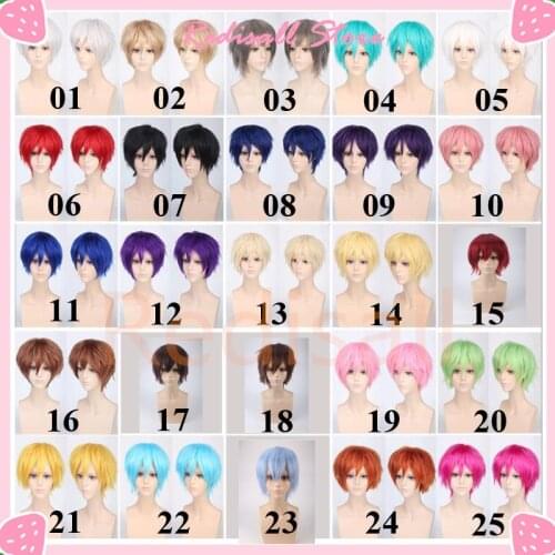 25 Colors Mens Short Hair Red Blue Orange Purple Blue Black Yellow Hair Heat Resistant Cosplay Wig Unisex for Halloween Party