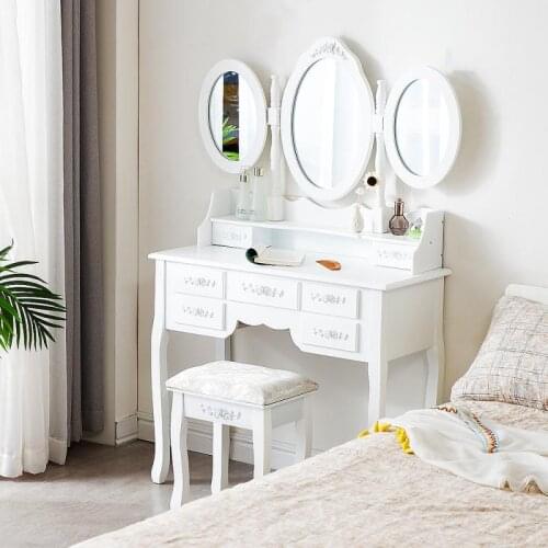 Dressing Table 7 Drawer Dressing Table With Stool Triple Folding Mirror Solid Wood Legs Support Stable Table European Style HWC
