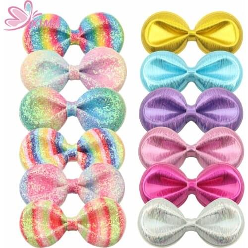 XIMA 7pcs/lot 3.5inch Rainbow Glitter Hair Bow with Clip Kids PU Leather Bows Hair Pins Kids Hair Clip Hair Accessories