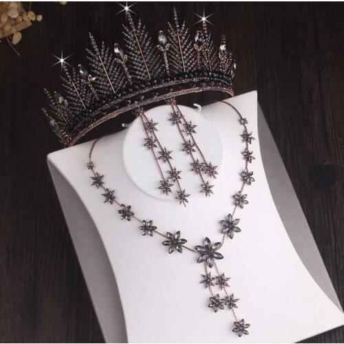 Baroque Black Crystal Snow Flowers Bridal Jewelry Sets Rhinestone Crown Tiaras Choker Necklace Earring African Beads Jewelry Set