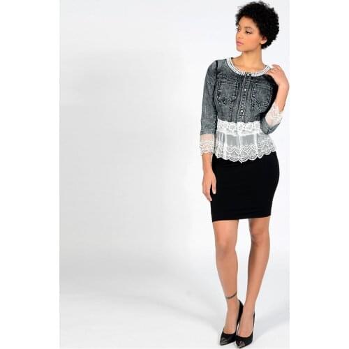 SX 2019 Jeans Jacket Women Elegant Feminino Slim Lace Patchwork Beading Vintage Gray Denim Coat