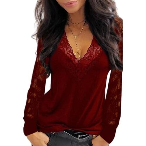 Female Tops Pullover Sexy Women Deep V Neck Lace Trim See Through Long Sleeve Blouse Top Blouse Solid Vintage Blouse Shirts 2021