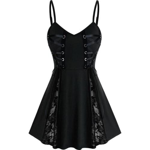 2021 Summer NEW Fashion High Waist Sling Dress Gothic Bandage Womens Lace Layered Dip Hem Sleeveless Sling Bandage Corset Dress