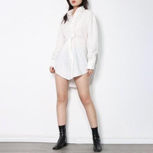 Free Shipping 2021 New Autumn Stylish Black White Shirt Dress Women Casual Long Sleeve Twist together Mini Dresses