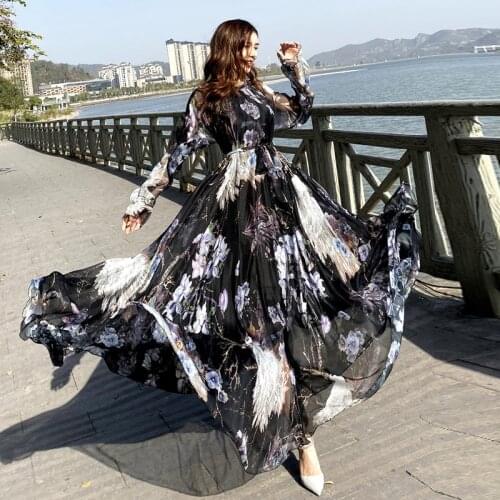 2020 chiffon Peacock Print Long Sleeve maxi dress bohemia dress full plus size celebrity/graduation/Dinner Beach Sundress