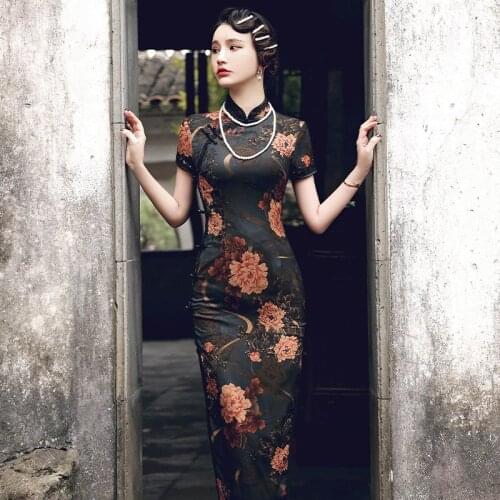 2021 New Summer Short Sleeve Black Floral Print Cheongsam Chinese Style Vintage High Split Slim Qipao Vestido Plus Size M-4XL