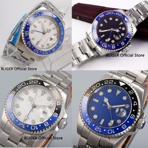 4 Models Nologo 40MM Sterile Dial Ceramic Bezel GMT Function Automatic Movement Mens Watch Mental Strap Date Window