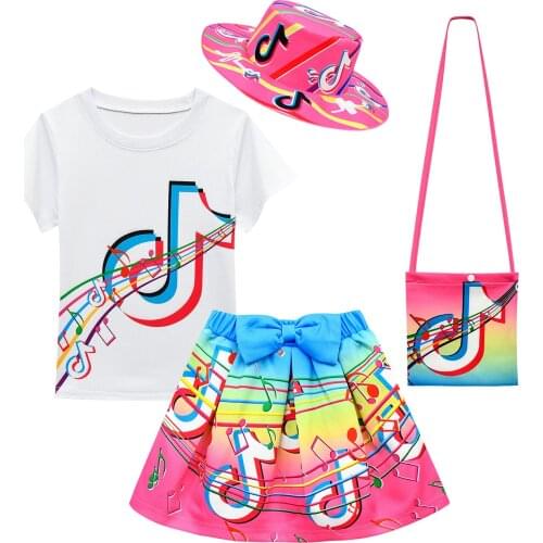 Kids Girls Clothes Sets Fashion Summer Princess Dress Short Sleeve T-shirt + Skirt Bag Hat 4pcs Baby Childrens Clothing Suit